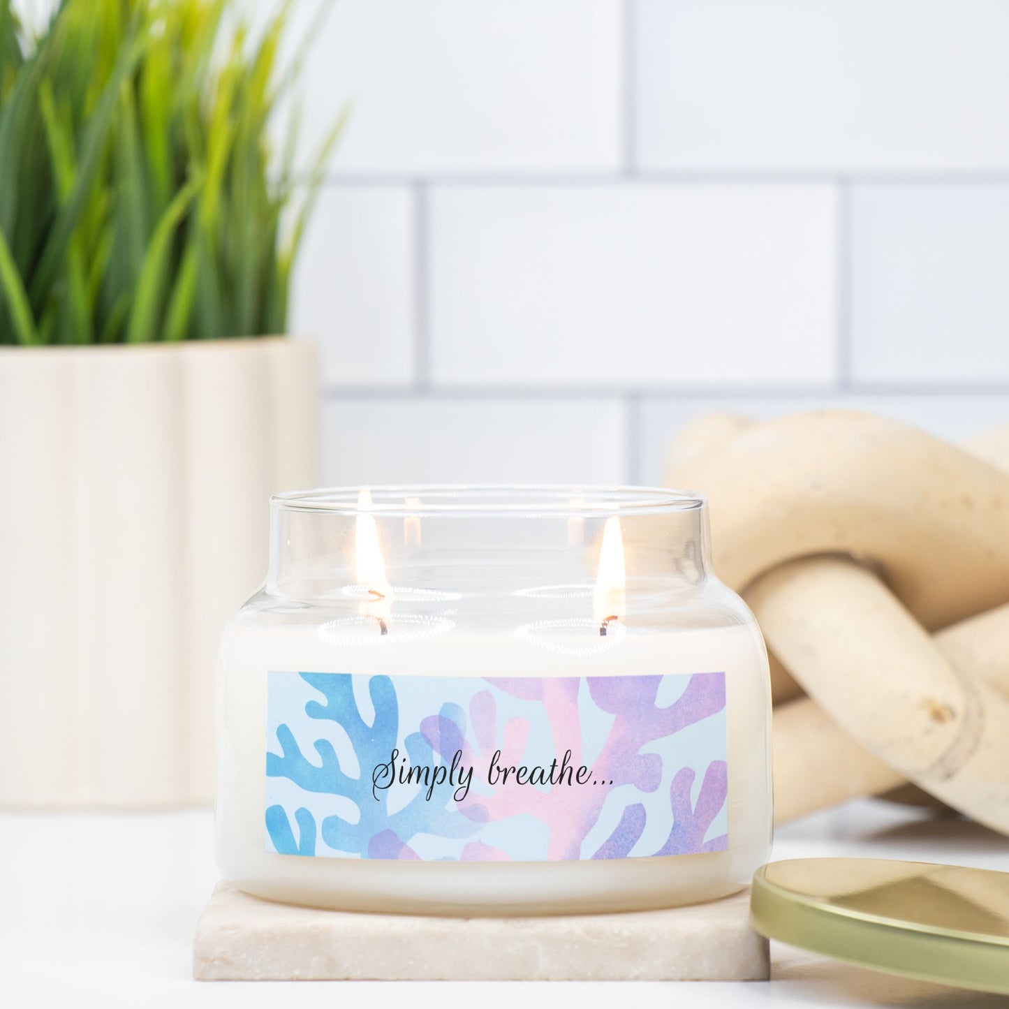 Candle Apothecary Jar (Double Wick) with phrase "Simply breathe"