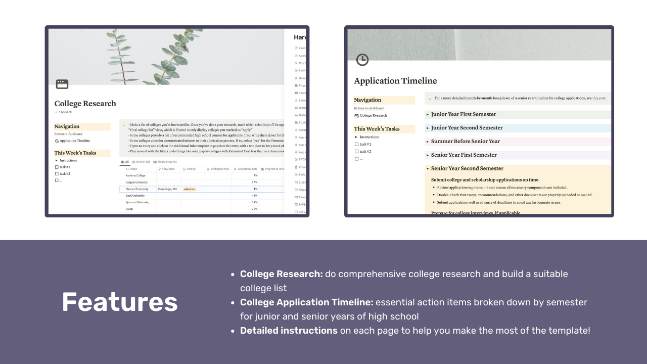 College Search and Application Timeline Notion Template