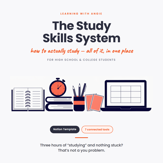 The Study Skills System - Notion template cover, Learning with Angie